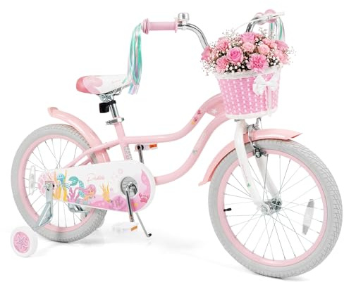 Olakids Kids Bike, 12 14 16 18 20 Inch Mermaid Theme Girls Bicycle with Training Wheels Basket Adjustable Seat and Handlebar Dual Brake (18 Inch, Pink)