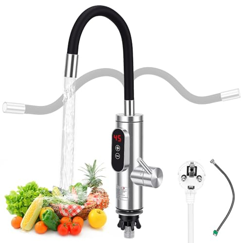 Robinet Chauffant Électrique Сhauffe-Eau,3300W Cuisine Robinet Chauffant, Acier Inoxydable Mitigeur électrique avec LED Température, rotation à 360°, 3S chauffe rapide,Chaude et Froide Réglable