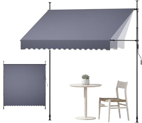 VEVOR Toldo Manual Retráctil 250 cm, Toldo Enrollable Exterior, Altura Ajustable, Protección Solar UV, Estructura de Aluminio, Manivela Articulada, Instalación sin Taladro, Parasol para Jardín Balcón
