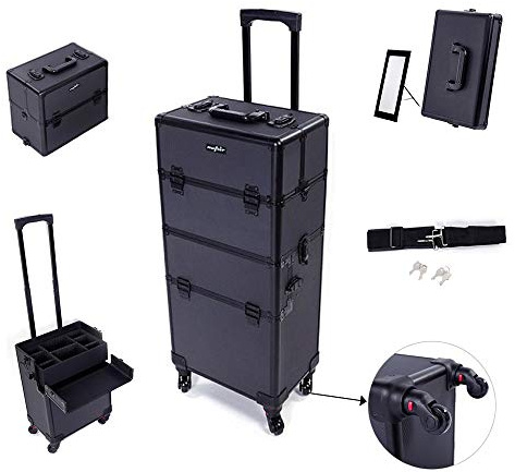 mefeir 2 in 1 Rolling Makeup Train Case Professional Cosmetic trolley on Wheels Aluminum Nail Cart Cosmetic Suitcase for professional makeup artist, Luggage Lockable w/4 Removable Wheels (Black)