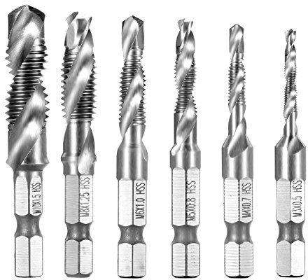 Qibaok 6tlg Kombi Bohrer Gewindebohrer 1/4 HSS M3-M10 Schraube Sechskantschaft Senker Werkzeuge Maschinengewindebohrer Set für Holz Kunststoff Dünnes Aluminium, Nicht für Harten Materialien