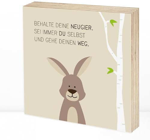 Wunderpixel® Holzbild Sei-du-selbst-Hase - 15x15x2cm zum Hinstellen/Aufhängen, echter Fotodruck mit Spruch auf Holz - Wand-Bild Aufsteller im Kinderzimmer zur Dekoration oder Geschenk-Idee Häschen