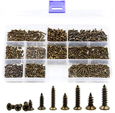 LBY 1000pcs M2 M2.3 M2.6 M3 Flat Head Self-Tapping Sheetmetal Screw Assortment Kit, Mini Wood Screws, 10 Sizes, Carbon Steel (Bronze-Coloured)