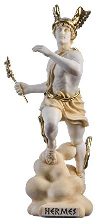 Hermes Merkur Gott Zeus Sohn Römische Statue Alabaster Gold Ton 23 cm