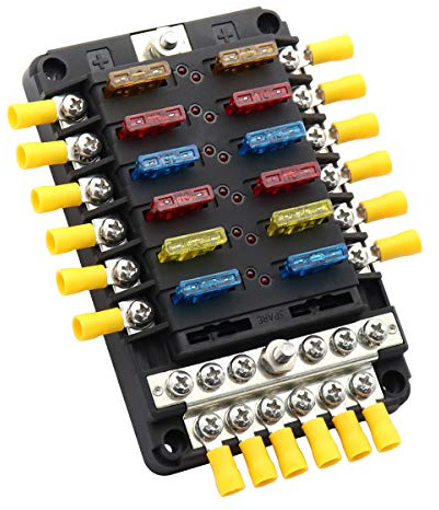 12-vägs säkringslåda med bussstång bus bar, 12V 24V DC-blad fuse box, säkringsblock, 12 kretsar, säkringsboxhållare för bil, båt, SUV, husbil, skåpbil, marin