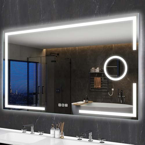 S'bagno Miroir Salle de Bain avec Eclairage 120x70cm, Loupe 5X avec Lumière Séparée, Aluminium, LED Miroirs de Salle de Bain, Anti-buée, 3 Couleurs, Dimmable, Mémoire, Verre Trempé, Étanche IP44