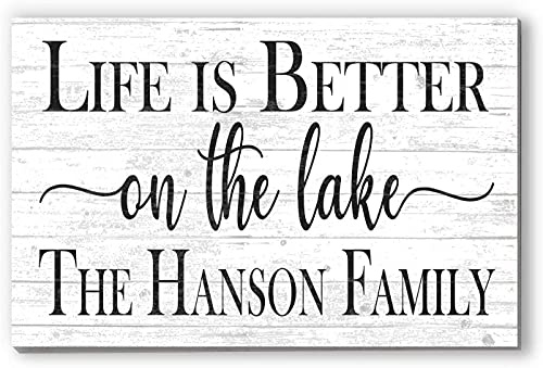 Custom Lake House Sign Personalized Name Gift or Decor for Summer Home - Solid Wood - 16.5in x 10.5in (Life Is Better On The Lake)