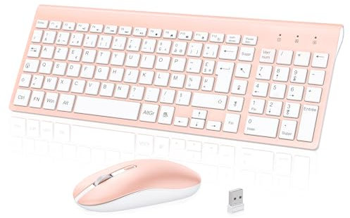 cimetech Ensemble Clavier Souris sans Fil, Pack Clavier Souris AZERTY Français, Ultra-Fins Silencieux Clavier et Ergonomique Souris Combo, Connexion 2.4 GHz, pour PC/Portable/Ordinateur (Rose)