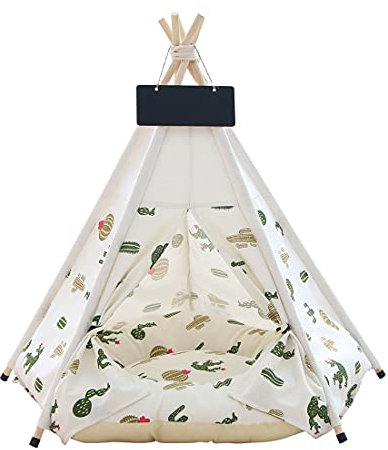 Vinnykud Tipi Zelt für Haustiere Hundezelt aus Baumwollleinen Hundezelt Abnehmbar und Waschbar Haustier Zelte Häuser mit Kissen Katzenzelt Wegklappen Möbel Hundebett Katzenbett 40x40x50cm