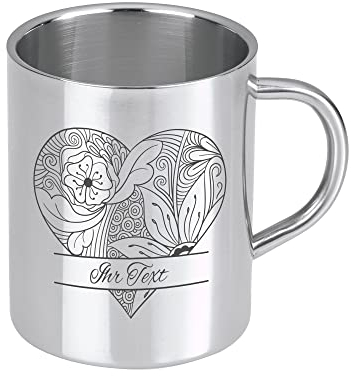 STEMPEL-FABRIK Edelstahlbecher mit personalisierter Gravur – Motiv Herz – Rechtshänder – Kaffeebecher – Thermotasse – Kaffeetasse – Isolierbecher – Doppelwandig – Geschenkidee Valentinstag