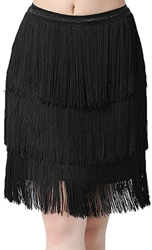 YM YOUMU Falda de cintura elástica de mujer con 3 capas y borlas para danza latina, ideal para tango, samba, rumba y práctica de baile de salón, Negro, Large