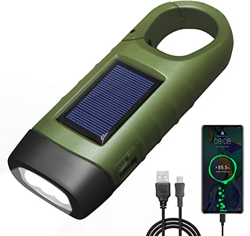 REKALRO LED Taschenlampe USB Aufladbar, LED Taschenlampe für Aufladen Telefon, Kurbeltaschenlampe, Solar Taschenlampe mit Wandern Schnalle, Taschenlampe Kurbel für Notfall/Outdoor/Camping (Grün)