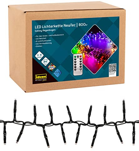 Idena 31109 - LED Lichterkette mit 800 LEDs in Bunt, für Außen & Innen, NewTec mit 8 Stunden Timer Funktion & Dimmer, inkl. Netzteil, ca. 17,8 m lang, Wohnzimmer, Partys, Weihnachten, Hochzeit