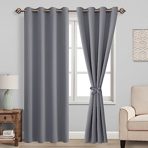 JIUZHEN Verdunklungsvorhänge mit Raffhalter Grau Vorhang Blickdicht Gardinen Ösenvorhang für Schlafzimmer Thermovorhang Wohnzimmer, 2 Stück, 245x140cm(HxB)
