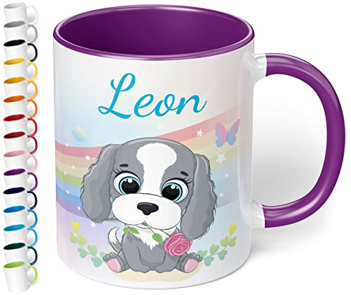 Kinder-Tasse mit Namen „Hund mit Regenbogen-Motiv“ – personalisierte Tasse für Jungen und Mädchen - rundum bedruckt – schönes Geschenk zu Weihnachten, Geburtstag (Violett)