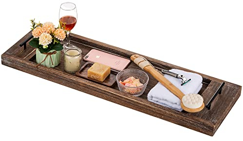 Hanobe Vassoio per vasca da bagno: vassoi in legno per vasca da bagno, tavolo extra large rustico per vasca da bagno ripiano in legno con maniglie per bagno 81 cm