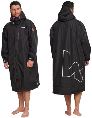 WAVE Oversized Waterproof Changing Robe | Fleece-Lined Quick-Dry Swim Parka | Wind & Waterproof with Sealed Pockets | Unisex | Black & Pink | Medium