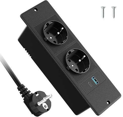 Einbau Steckdosenleiste mit USB C PD 20W, Versenkbare Steckdose 2 Fach, Tischsteckdose Einbausteckdose für Tischplatte Arbeitsplatte Möbel Nachttisch - 2M Kabel, Schwarz, 10A/2500W