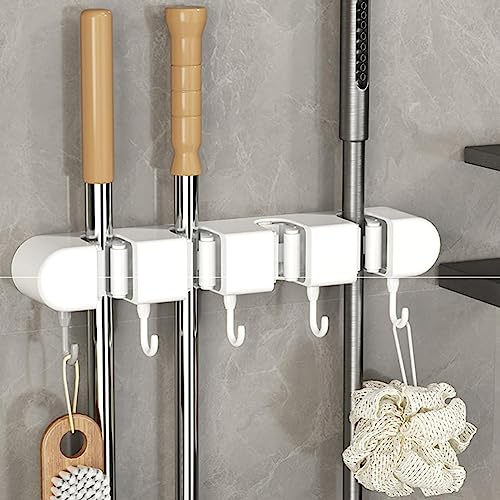 LUCKKY Multifunctional Mop Holder with Hook, Multifunktionaler Mopphalter mit Haken, Besenhalterung Wand Selbstklebend, Gerätehalter Besen Mop Halter mit 4 Halter 5 Haken (Weiß)