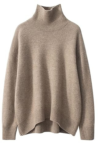 DISSA Women Cashmere Jumper Brown Stand Neck Sweater Long Sleeve Relaxed Cashmere Wool Thick Jumper Solid Color Ladies Sweater,One Size,ZSBR8306