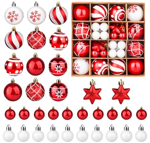 Fowecelt Weihnachtskugeln Kunststoff Baumschmuck Weihnachten - 42 Stück Christbaumkugeln Rot Weiß Weihnachtsdeko Baum Weihnachtsbaumkugeln