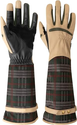 ACE Garden Glam Garten-Handschuh für Frauen - lange Damen-Handschuhe aus Ziegen-Leder - gegen Rosen-Dornen & Stacheln - M, Karo