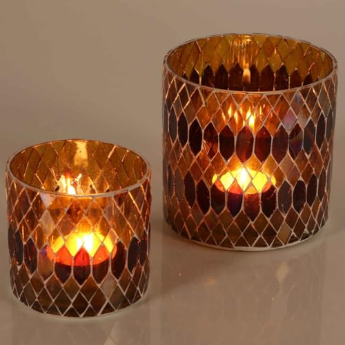 Marokkanisches Mosaik-Windlicht Rayan gelb rund handgefertigt aus Glas | Stimmungslicht Muttertag Ostern Deko Teelichthalter bunt marokkanische Tisch-Deko Größe 2er Set