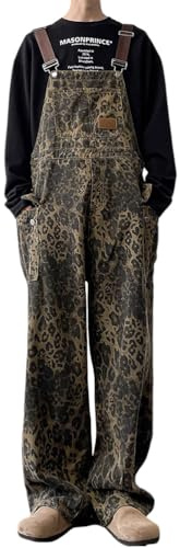 ORANDESIGNE Jeans Larghi Jeans Leopardati da Uomo Salopette Leopardata Jeans con Spalline Regolabili Stile Leopardo Salopette Pantaloni da Lavoro Boyfriend Salopette Casual A Leopardo M