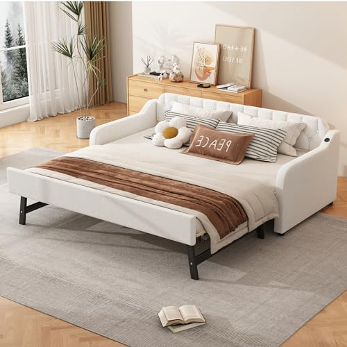 Moimhear 90x200cm Schlafsofa, Tagesbett, mit ausziehbares Rollbett, USB-Anschluss (Beige)