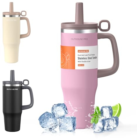 1200ml Tazza Termica con Cannuccia, Borraccia con Manico, 1.2L Tazze Isolate, Tazza Termica per Auto in Acciaio Inox a Doppia Parete per Bevande Calde, Fredde per Acqua, Caffè, Rosa