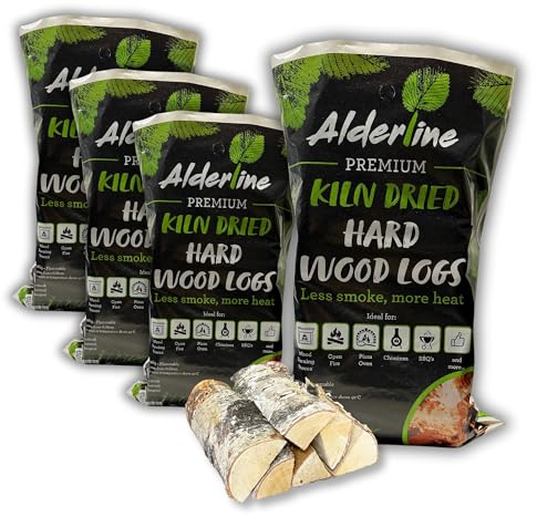 Alderline Kiln-Dried Birch Hardwood Logs 25 L - Ready to Burn firewood - Smokeless 25 cm fire logs for wood burner, Stoves, Fire Pits, and More! - 4-Pack