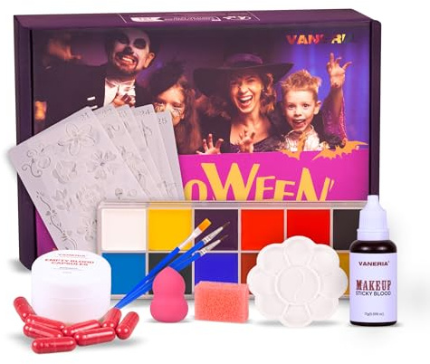 VANERIA Face Body Paint Kit - 12 Colours,Fake Blood Capsules & Temporary Tattoos Stencils,Painting Brush, Vegan, Waterproof for Halloween SFX Party & Cosplay, Art Stage Makeup