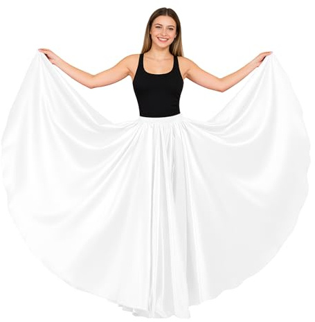 Women Satin Full Circle Ankle Length Swing Long Skirt Maxi Shiny Skirt for Party Cosplay Belly Dance Performance Costume (360 Degree, White)