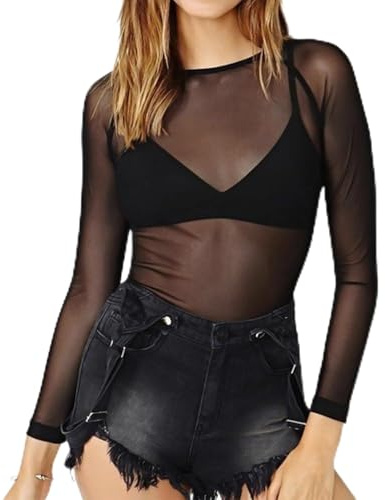 Cadimus Mesh Oberteil Damen,Sexy Durchsichtiges Oberteil,Schwarzes Netzoberteil Frauen,Netzshirt Schwarz Damen,Stilvolle Mesh Top,Sexy Mesh T-shirt Tunika Clubwear Party-XL