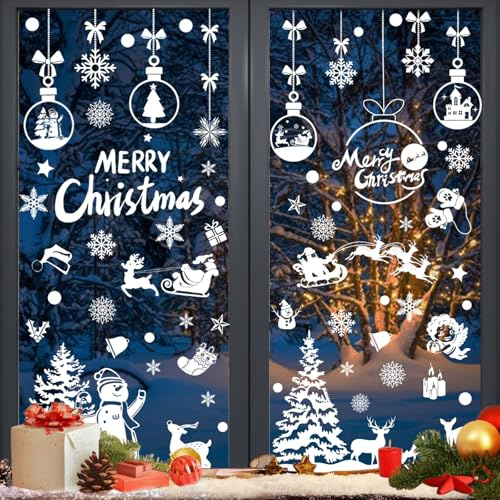 Stickers Noel Fenetre, Decoration Noel Fenêtre Autocollant, NoëL Autocollants Fenetre Réutilisables, 191PCS Stickers Fenetre Noël PVC avec Père Noël, Flocons de Neige, Wapiti pour Fenetre, Porte