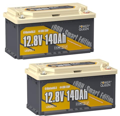 Power Queen LiFePO4 12V 140Ah H190 Bluetooth Batterie 2Pack für Wohnmobil | 150A BMS, Kältebeständig, 4000+ Zyklen, für RV, Boot, Solarenergie