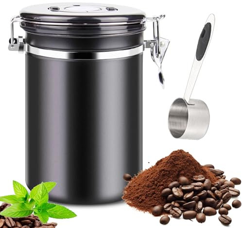 Ksvaye 1,8 L Boite a Cafe Hermetique Boite Cafe Grain en Acier Inoxydable 304, Boite a Cafe Moulu avec Cuillère et Cadran Dateur pour Conserver des Grains de Café,du thé et des noix (Noir)