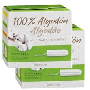 Super Deliplus Tampons, 100 % Baumwolle, reichlich fließend, 2 Boxen mit 18 Stück [36 Stück]
