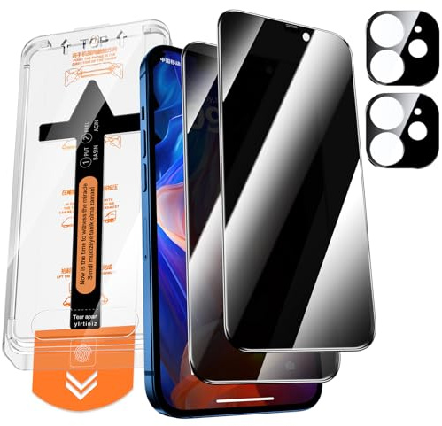 QUESPLE Panzerglas Sichtschutz für iPhone 12 mit Kamera Schutz, [Auto-Installation] Anti-Spähen Full Screen Privatsphäre Schutzfolie, 9H Härte Gehärtetem Glas Displayschutzfolie, 2+2 Stück