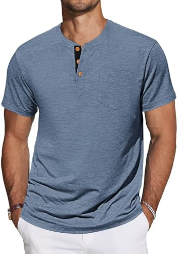 TARAINYA Camisetas Henley Hombre Algodón Manga Corta T-Shirt con Bolsillo para Verano Gris Azulado L