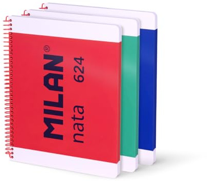 MILAN Lot de 3 cahiers A4 à spirale et couverture rigide, papier quadrillé, 80 feuilles de 95 g/m², collection Nata 624 since 1918