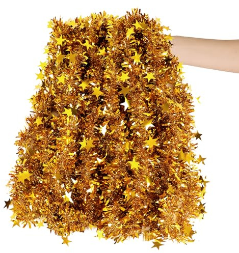DONGZHI 10m Gold Christmas Tinsel Garland with Star for Christmas Tree Decorations (Gold)