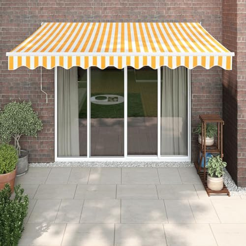 IKAYAA Tenda Retrattile elettrica Tenda da Sole 350x250 Tenda Retrattile Automatica Resistente ai Raggi UV con elecomando manovella-Giallo e bianco-350 x 250 cm
