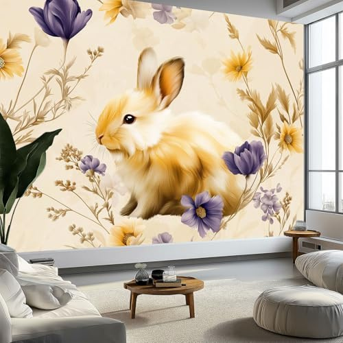 Animale Minimalista Coniglio Tulipano Carta da Parati In Tessuti non Tessuti 350 x 256 cm Murali, Beige Fotomurale Murale Soggiorno Camera da Letto Cameretta Dei Bambini Decorazione