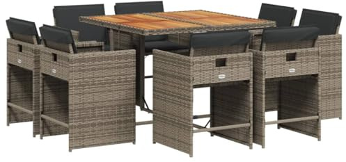 vidaXL Garten Essgruppe 9-TLG., Gartenmöbel Set Tisch mit Holzplatte 8 Stühle, Gartengarnitur mit Kissen, Sitzgruppe Terrasse, Grau Poly Rattan