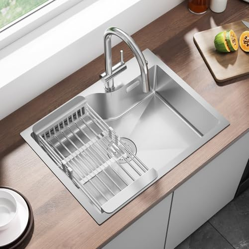 CECIPA Fregadero de acero inoxidable, 60 x 45 cm, incluye escurridor, fregadero de cocina con orificio para grifo para a partir de 60 cm, lavabo de acero inoxidable, incluye sifón y sobre y desagüe