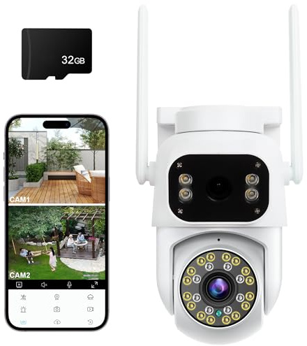 Dual Lens Security Camera Outdoor, 2K PTZ WiFi CCTV Camera with 32G SD Card, 360°View, Auto-Tracking, Color Night Vision, Two-Way Audio, Siren & Spotlight, IP66 Weatherproof CCTV for Home Security