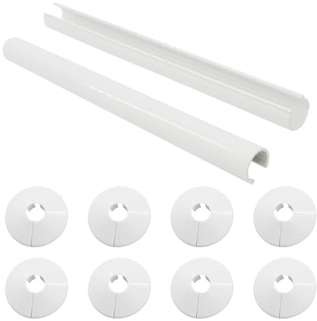 10PCS Radiator Pipe Covers and Collars, White 200mm x 15mm Thickened Radiator Sleeves, 15mm Plastic Snap On Radiator Caps, 2 Covers and 8 Collars Durable Plastic for Home Finishing