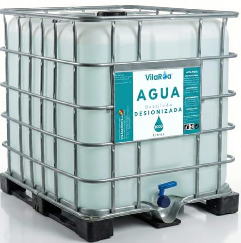VILAROA Agua Destilada Desionizada 1000 L en IBC GRG, Conductividad < 1,25 µS/cm, Uso Profesional para Laboratorio e Industria, Apta para baterías, Limpieza y experimentos de Alta pureza