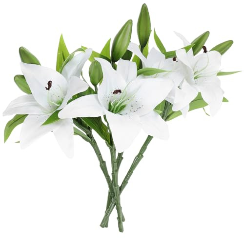 HOLIDYOYO Ramo de Lirios Artificiales Realistas Blancos 4 Piezas 3 Cabezas por Tallo Flores Decorativas para Bodas Hogar y Eventos Ramo de Flores Falso para Centros de Mesa y Decoración
